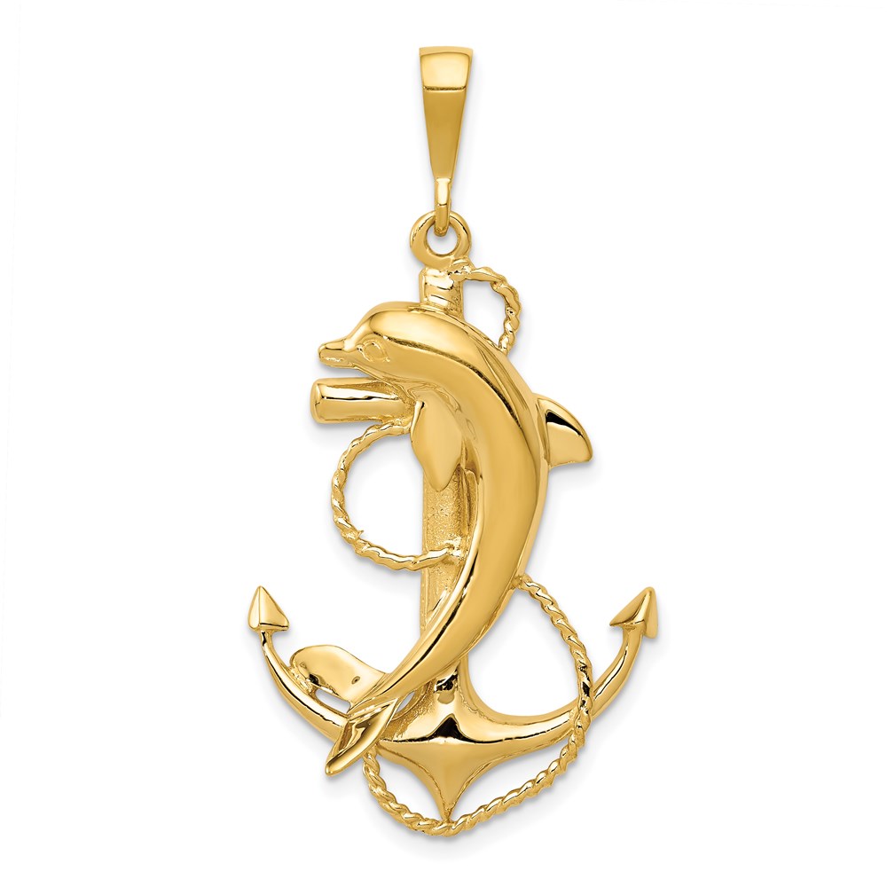 14k Yellow Gold Polished Anchor with Dolphin Pendant