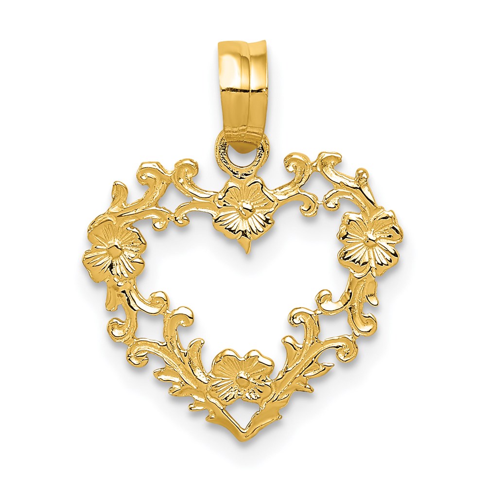 14k Yellow Gold Floral Cutout Heart Pendant, 15mm