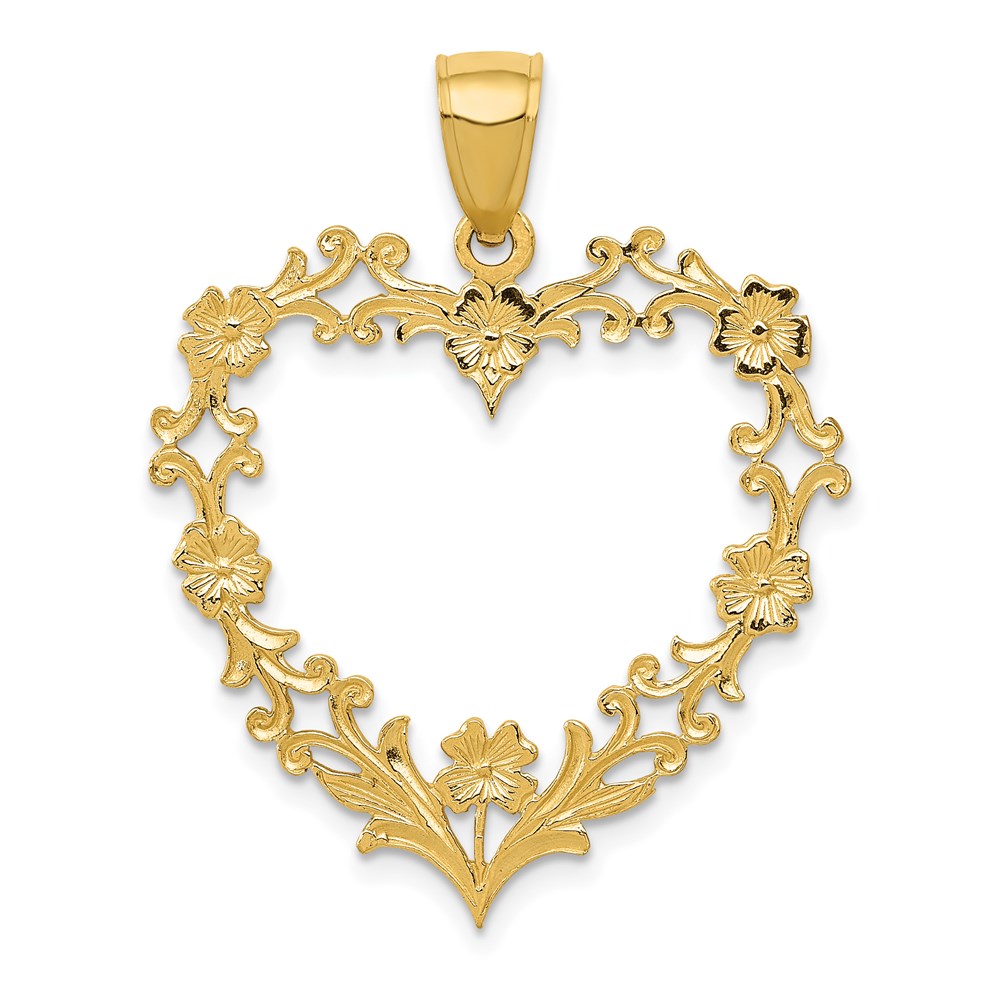 14k Yellow Gold Floral Cutout Heart Pendant, 26mm