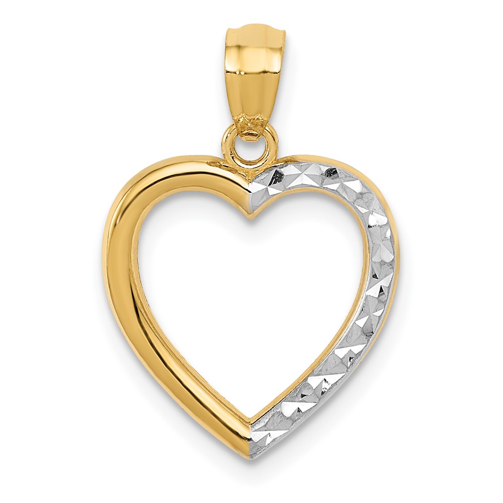 14k Yellow Gold and White Rhodium Half Diamond Cut Heart Pendant