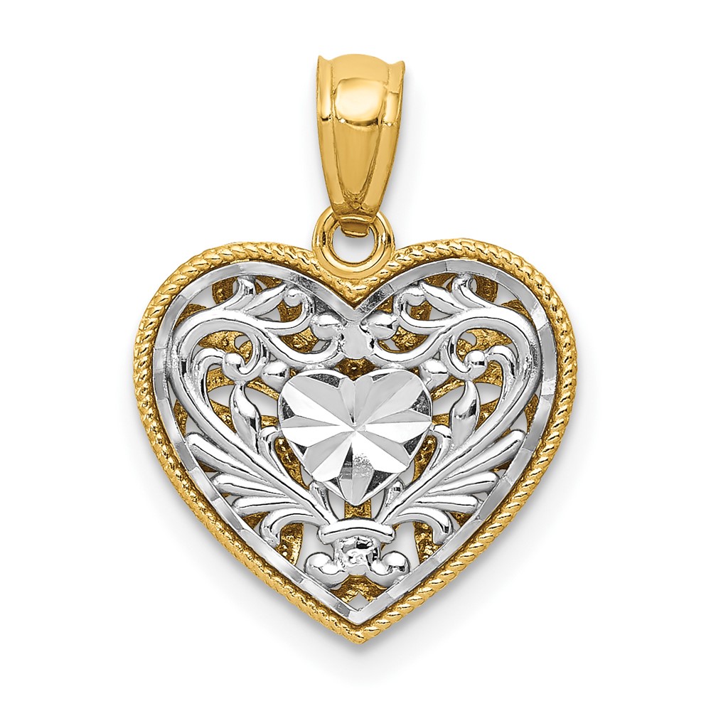 14k Two Tone Gold 14mm Reversible Filigree Heart Pendant