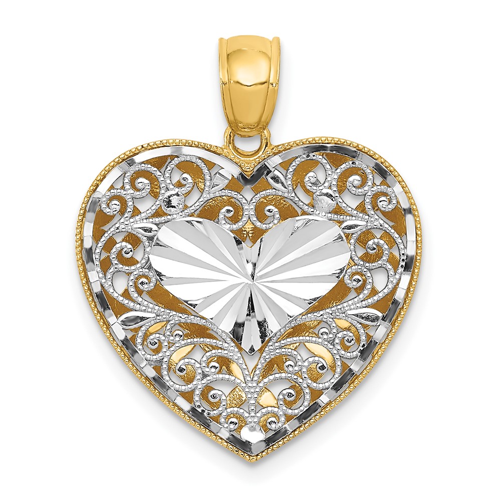 14k Two Tone Gold Reversible Filigree and Basket Weave Heart Pendant