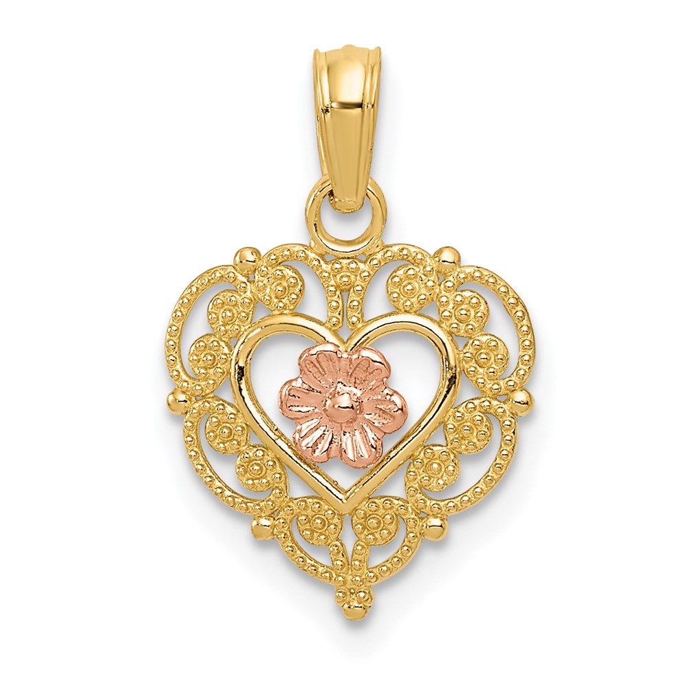 14k Rose and Yellow Gold, Lace Trim Heart and Pink Flower Pendant