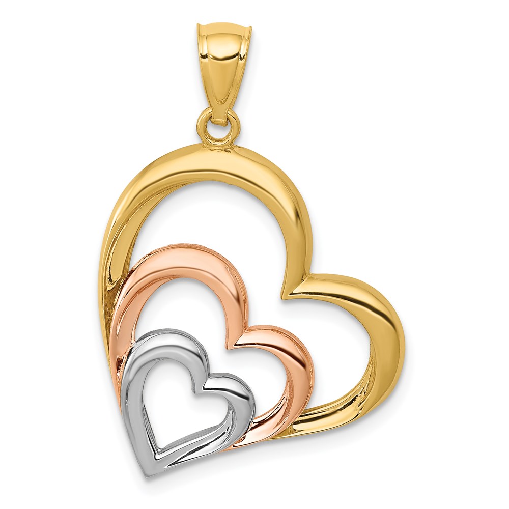 14k Yellow & Rose Gold with White Rhodium Triple Slanted Heart Pendant