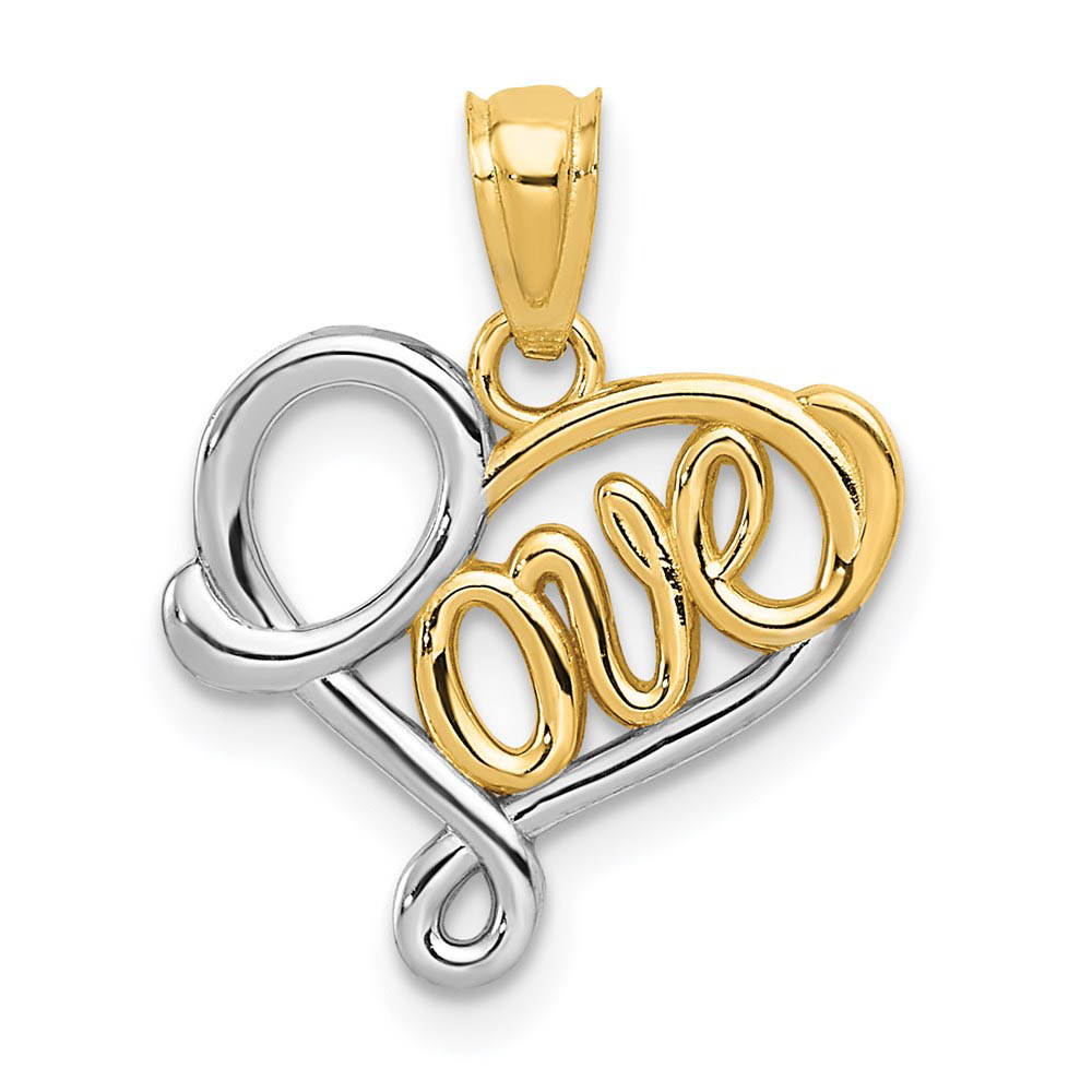 14k Yellow Gold and White Rhodium Two Tone Love Script Heart Pendant