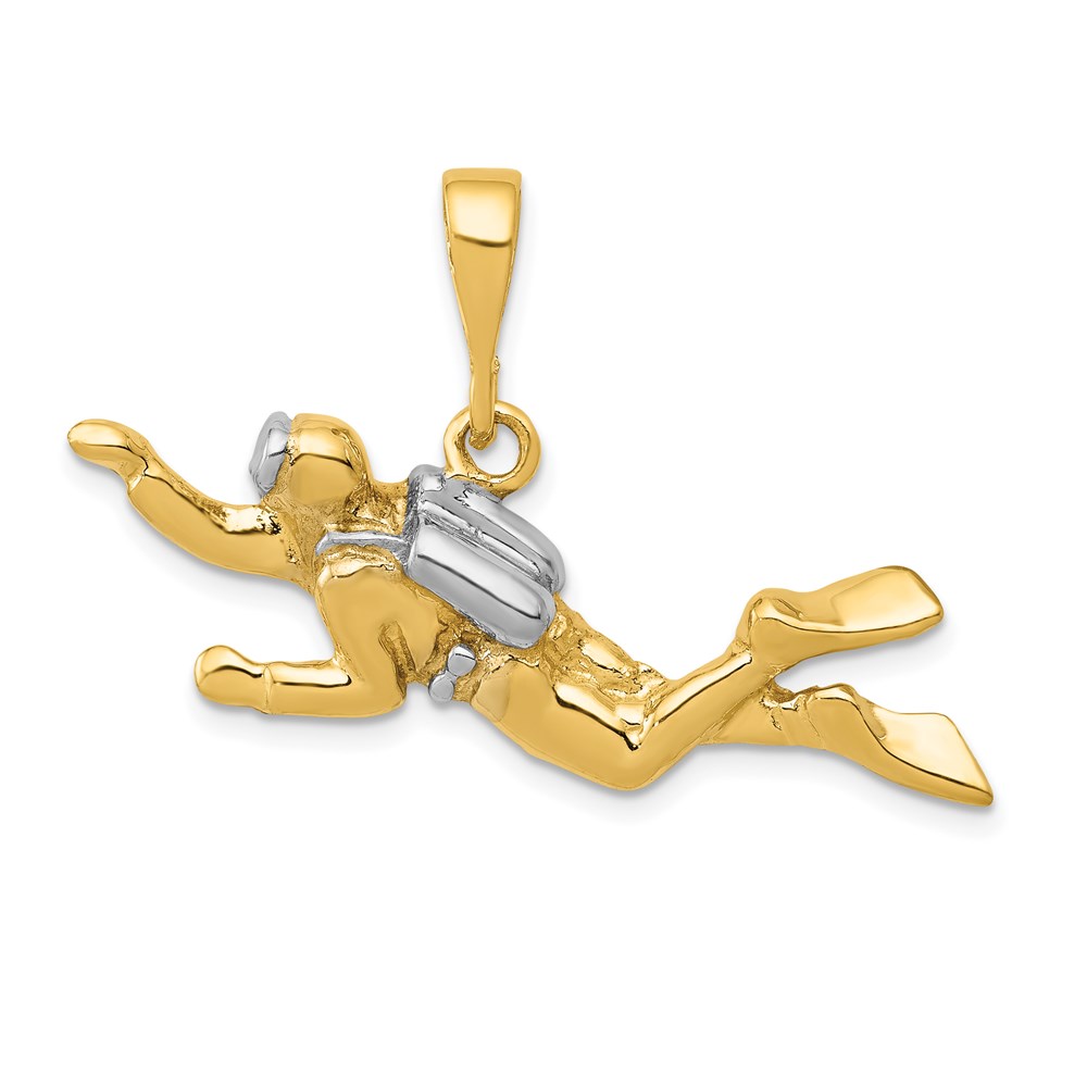 14k Yellow Gold and White Rhodium Two Tone Scuba Diver Pendant