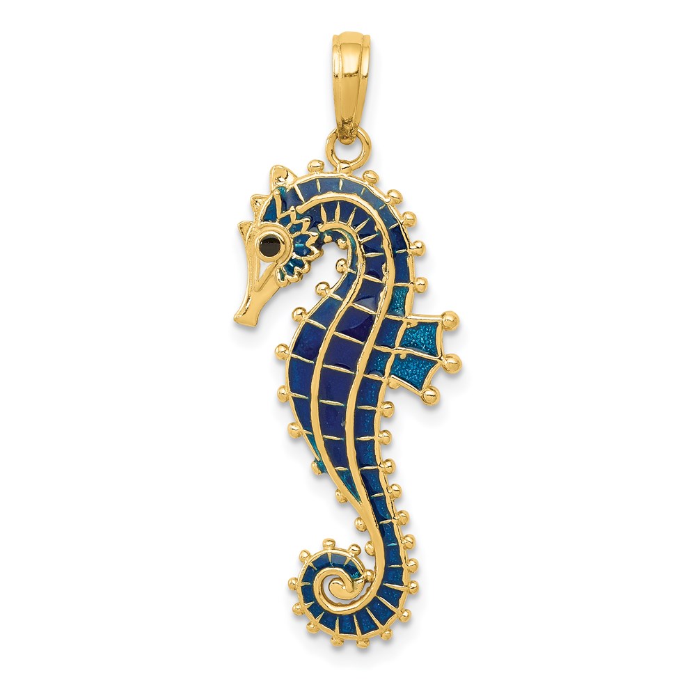 14k Yellow Gold Blue Enameled Seahorse Pendant
