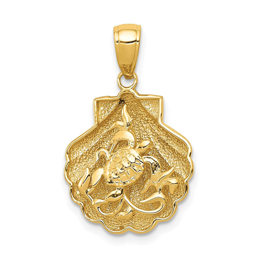 14k Yellow Gold Sea Turtle and Kelp in a Scallop Shell Pendant