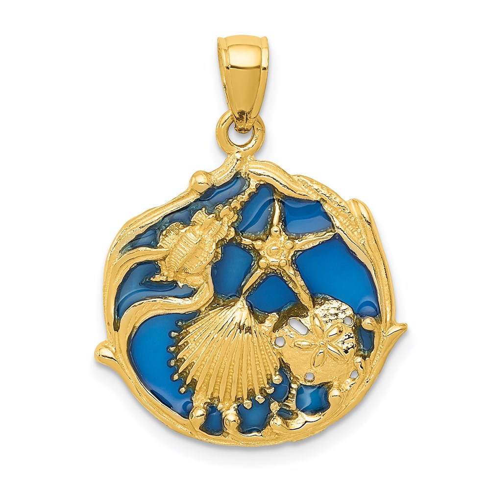 14k Yellow Gold Blue Stained Glassed Cluster Shell Pendant