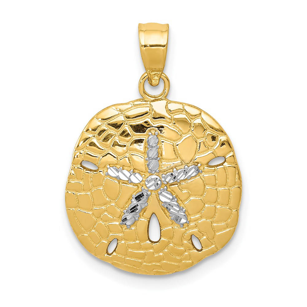 Two Tone Diamond Cut Sand Dollar Pendant in 14k Gold and Rhodium