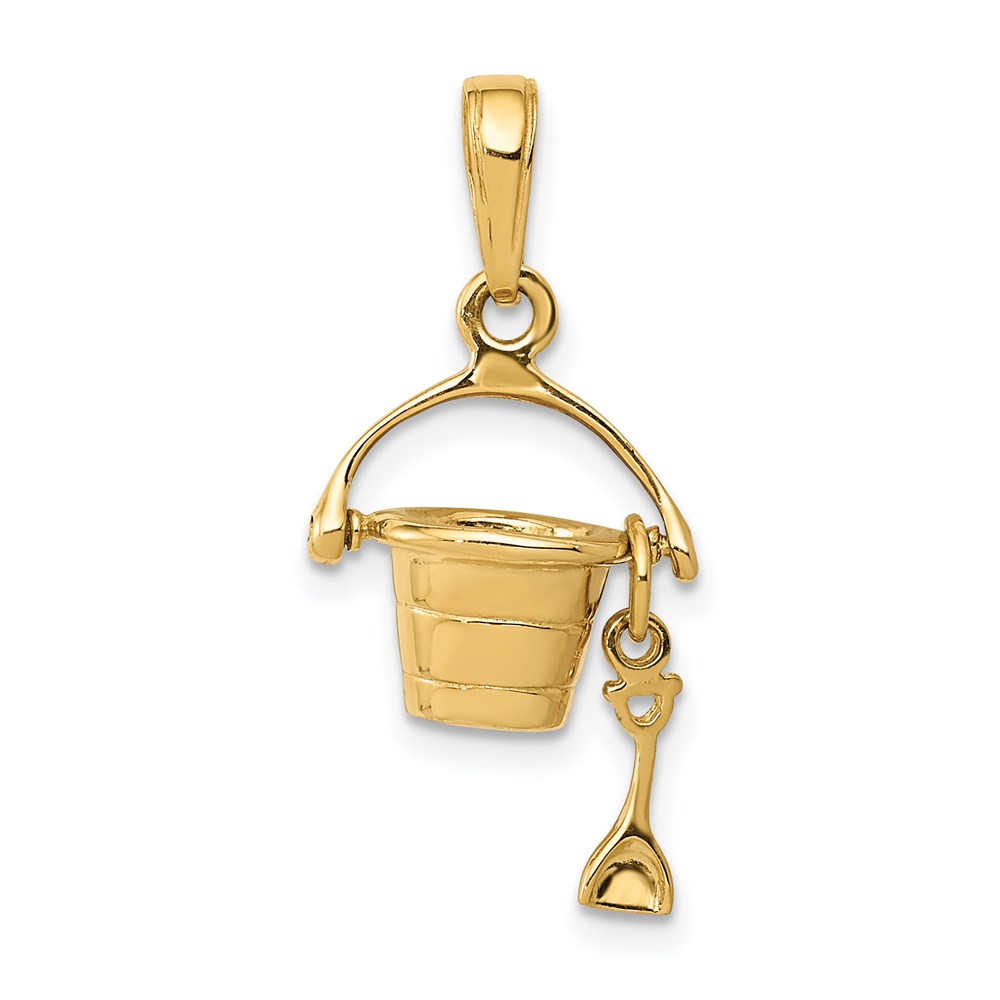 14k Yellow Gold 3D Small Beach Bucket with Shovel Pendant