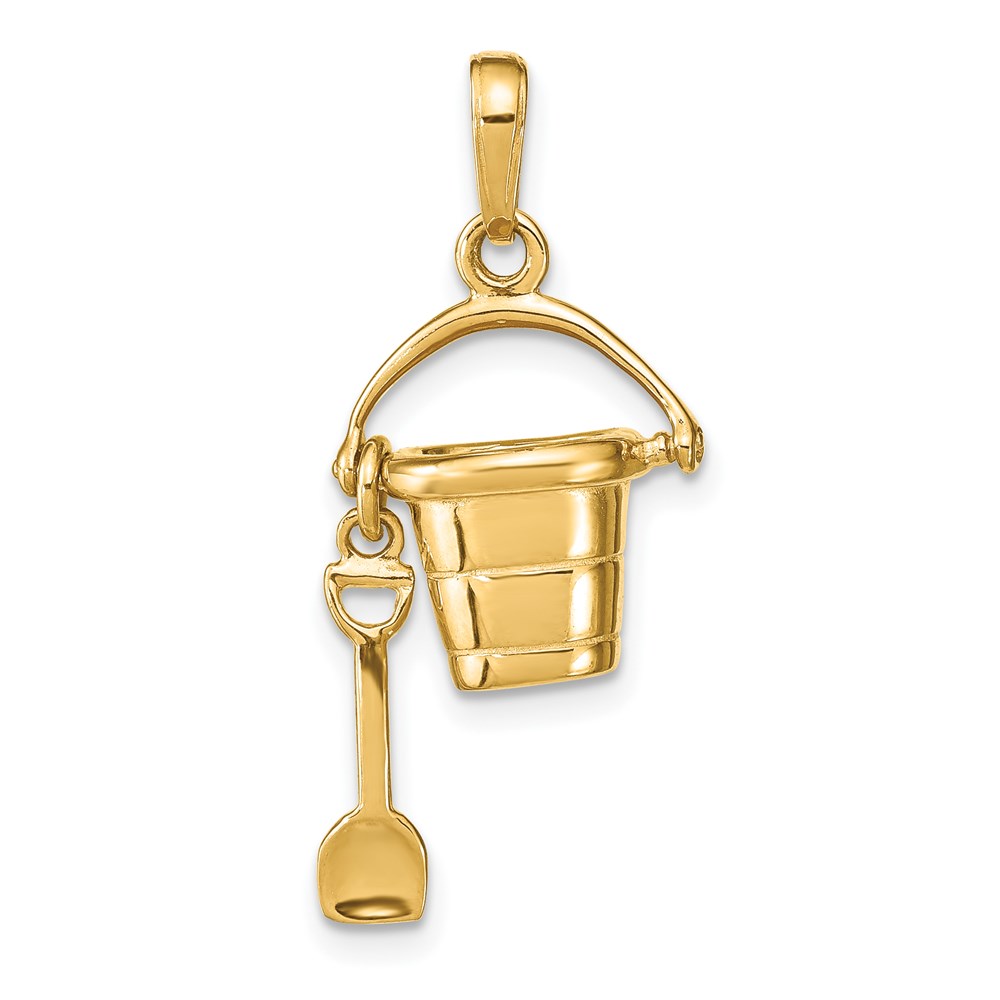 14k Yellow Gold 3D Beach Pail with Shovel Pendant