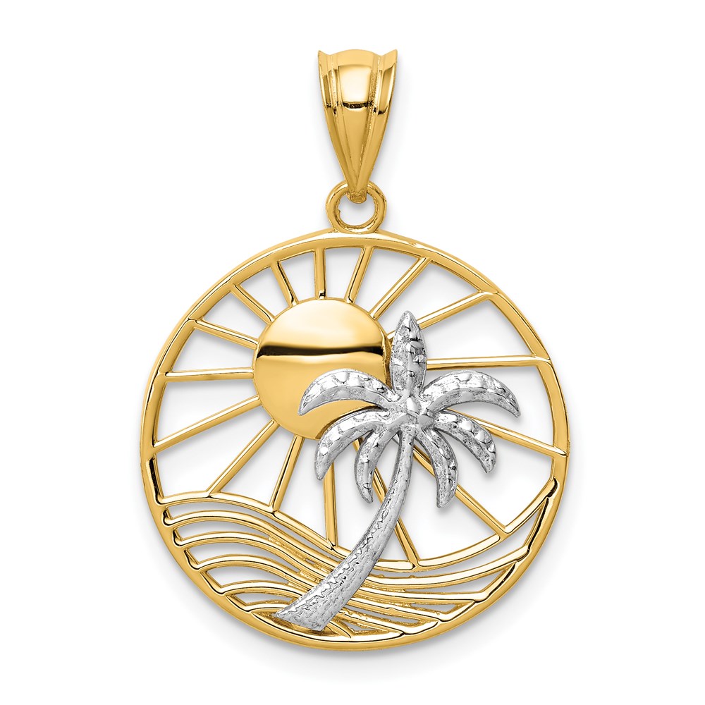 14k Two Tone Gold Sun and Palm Tree Pendant