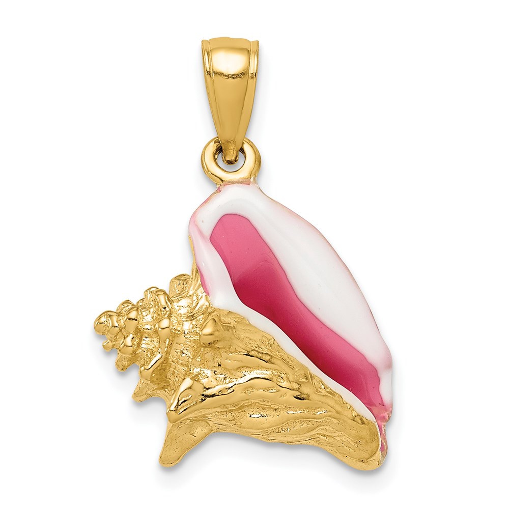 14k Yellow Gold 3D Pink and White Enameled Conch Shell Pendant