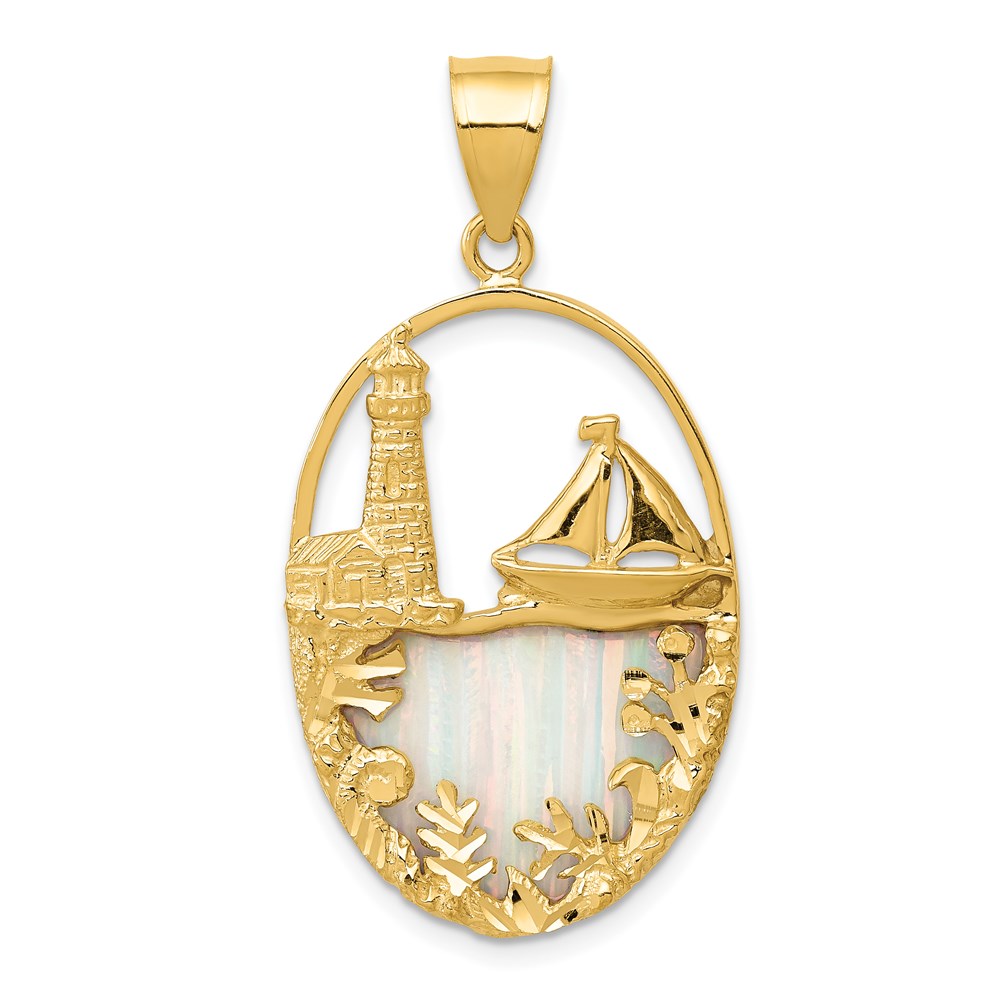 14k Yellow Gold & Imitation Opal Lighthouse and Sailboat Oval Pendant