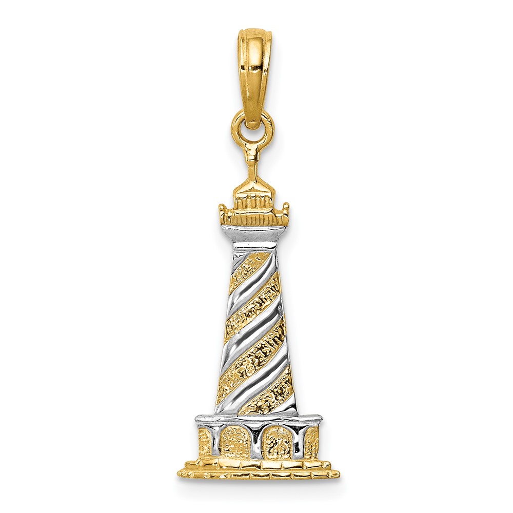 14k Yellow Gold & White Rhodium Diagonal Stripe Lighthouse Pendant