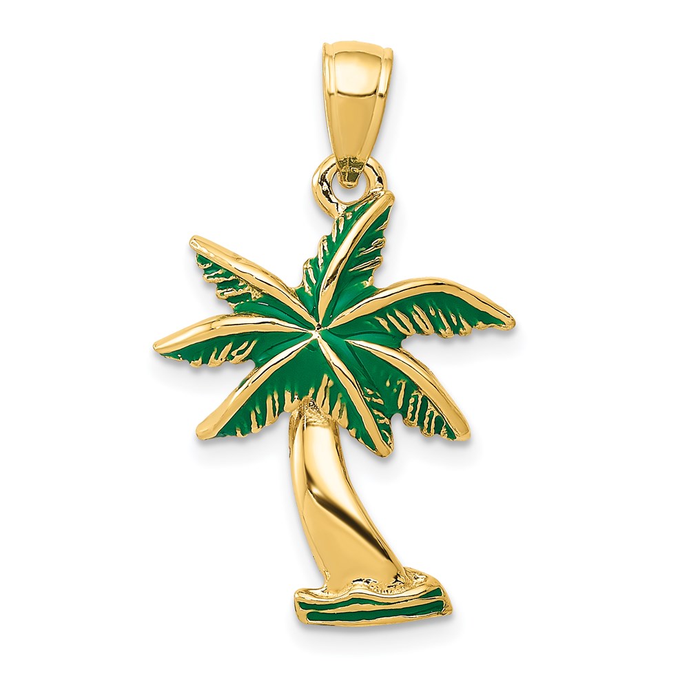 14k Yellow Gold Green Enameled Palm Tree Pendant