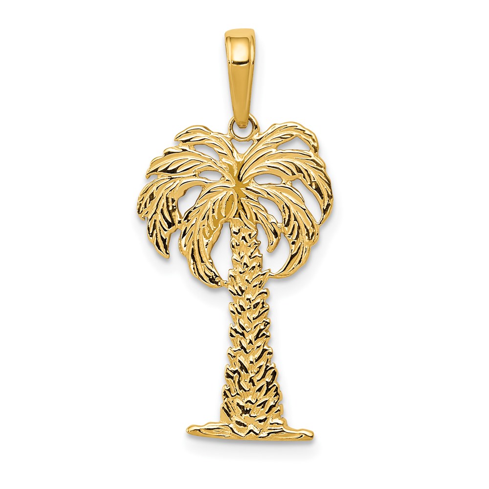 14k Yellow Gold Textured Palm Tree Pendant, 14 x 26mm