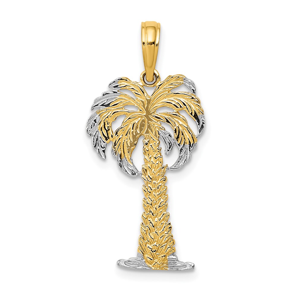 14k Yellow Gold, White Rhodium Polished and Textured Palm Tree Pendant