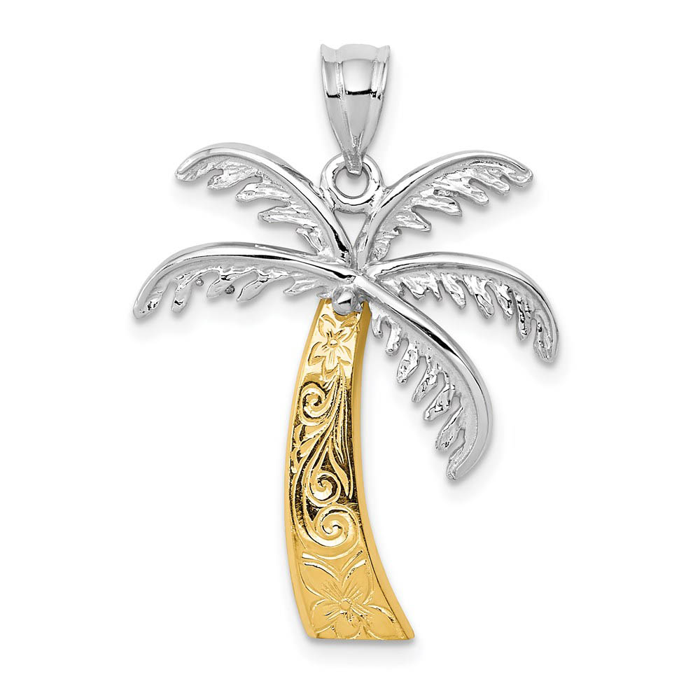 14k White and Yellow Gold, Two Tone Textured Palm Tree Pendant