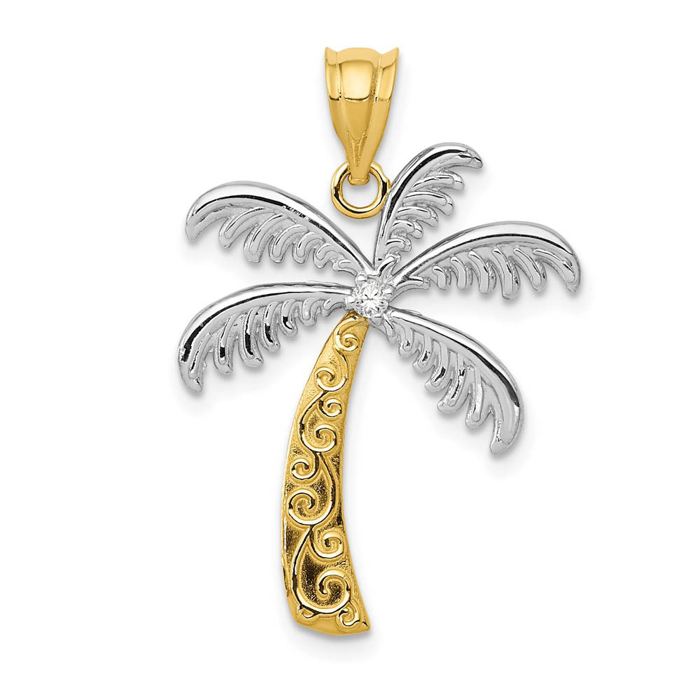 Diamond Palm Tree Pendant in 14k Yellow Gold and White Rhodium