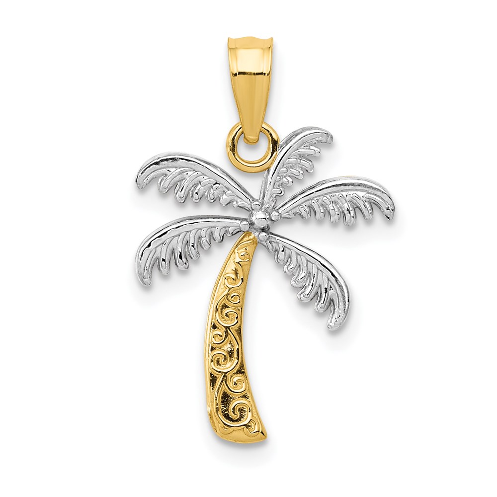 14k Yellow Gold and White Rhodium Palm Tree Pendant