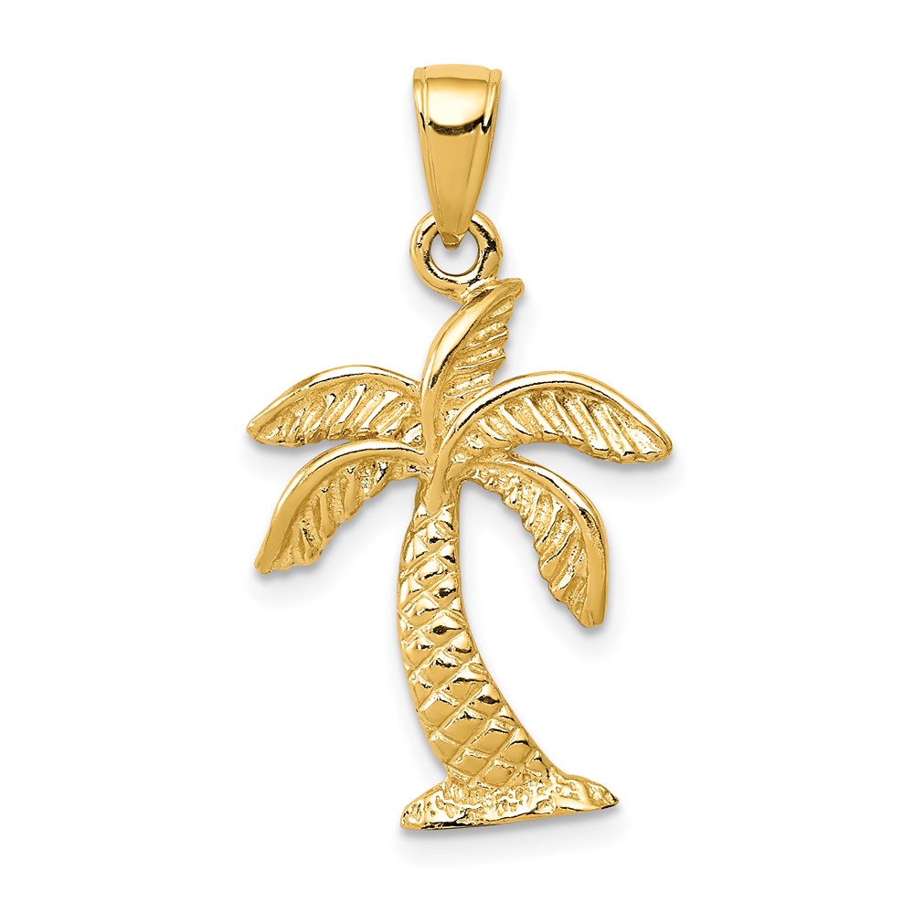 14k Yellow Gold Textured Palm Tree Pendant, 15 x 28mm