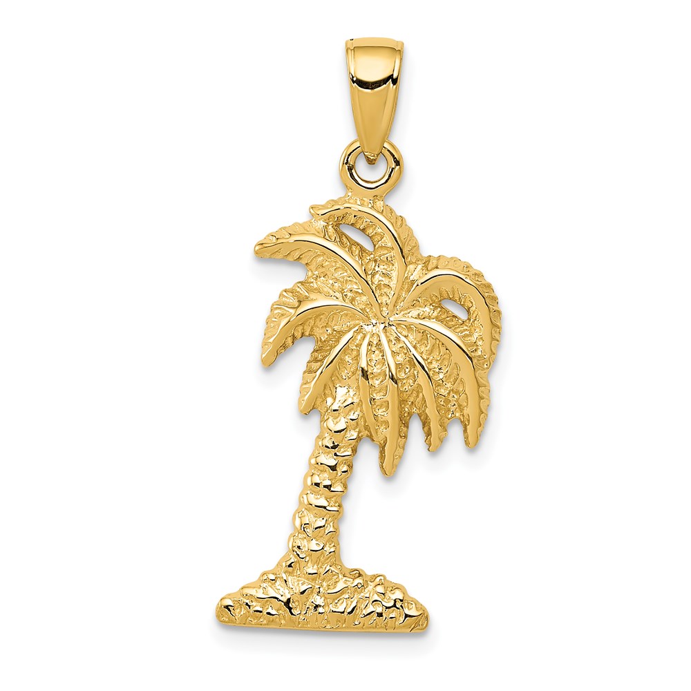 14k Yellow Gold Solid Textured Palm Tree Pendant