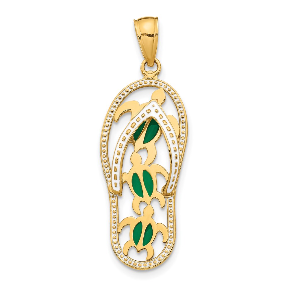 14k Yellow Gold Large Enamel Sea Turtle Flip Flop Pendant