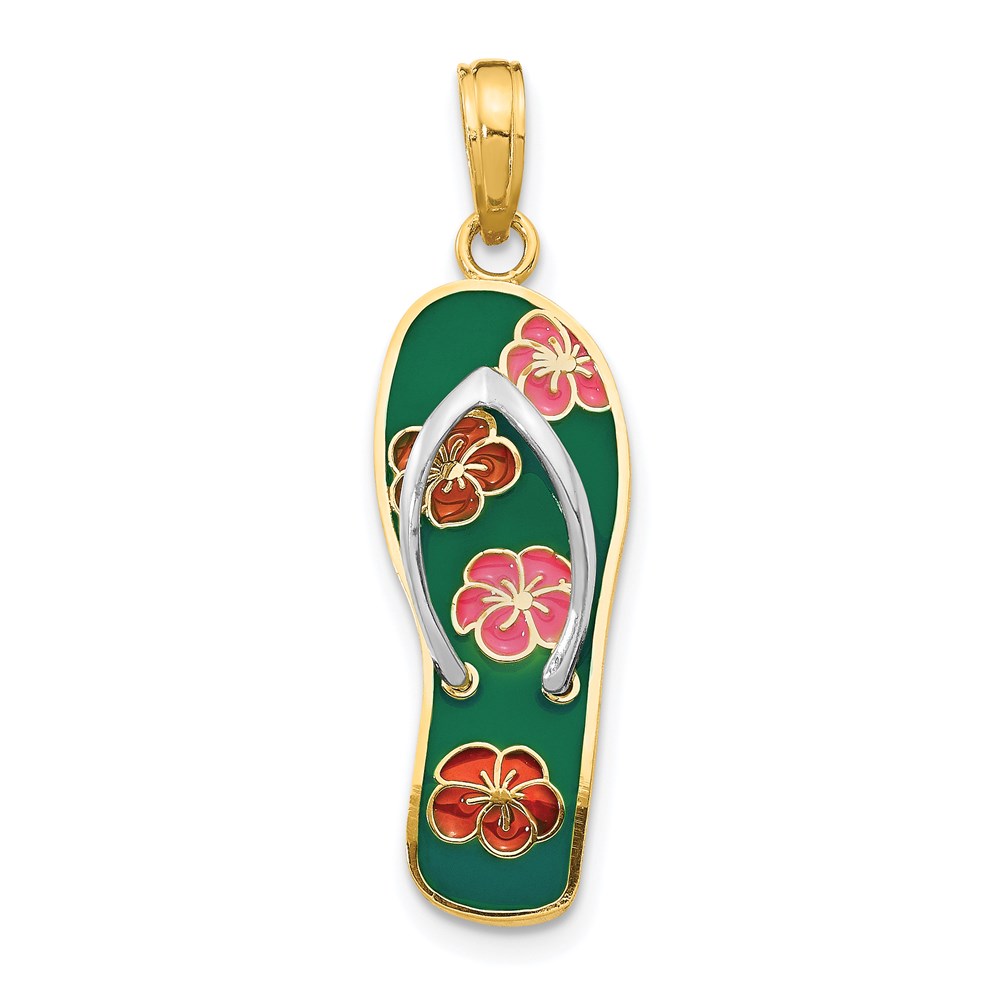 14k Yellow Gold 3D Enameled Floral Flip Flop Pendant