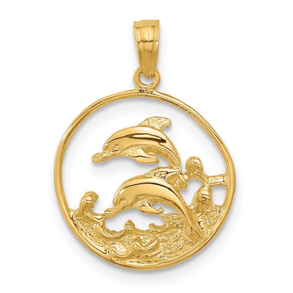 14k Yellow Gold Double Dolphins Circle Pendant