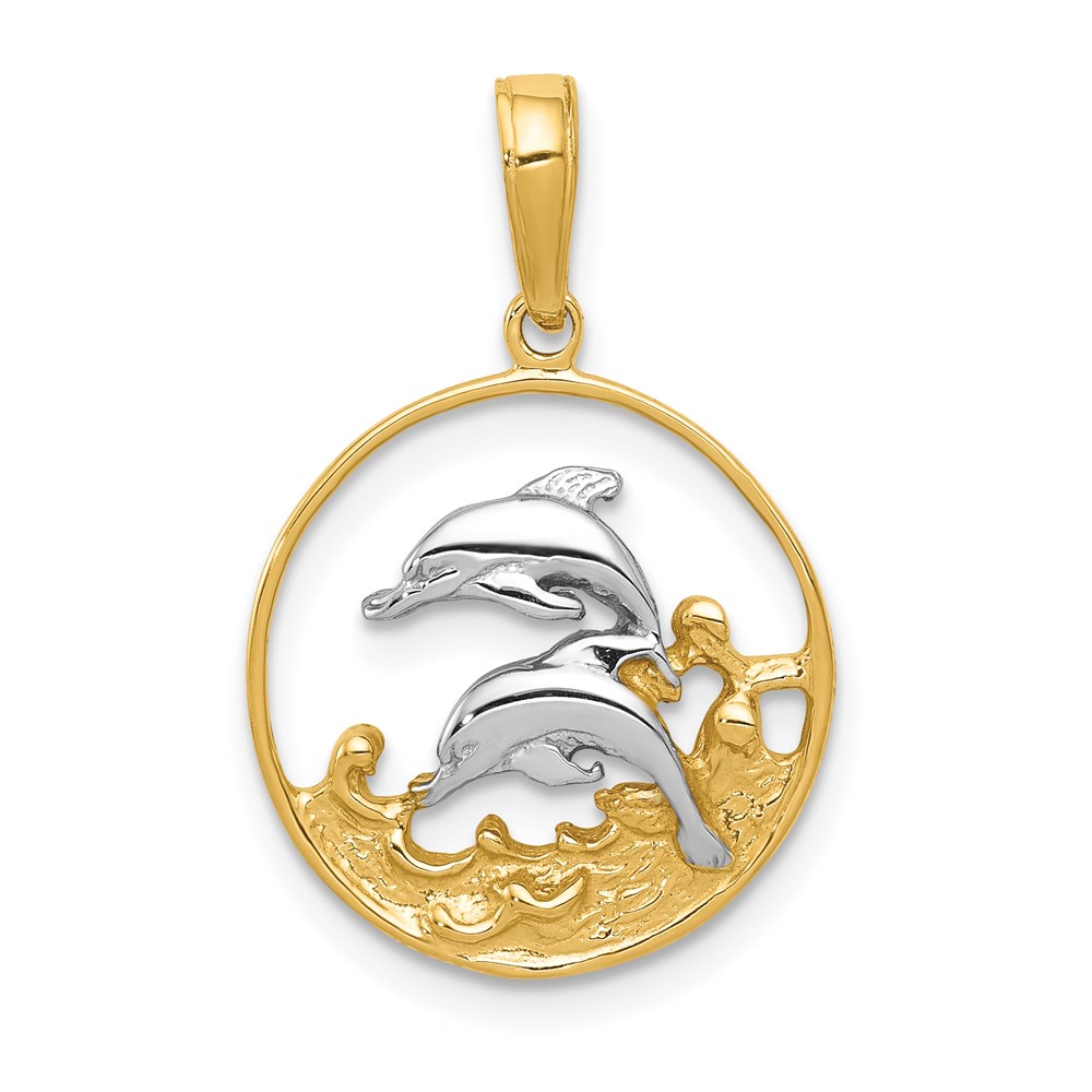 14k Yellow Gold Two Tone Double Dolphins in Circle Pendant