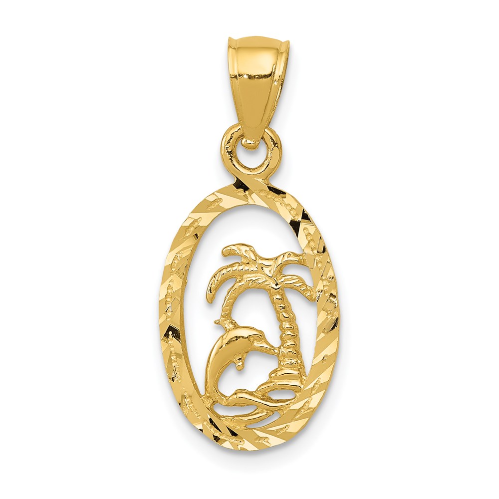 14k Yellow Gold Diamond Cut Dolphin and Palm Tree Pendant