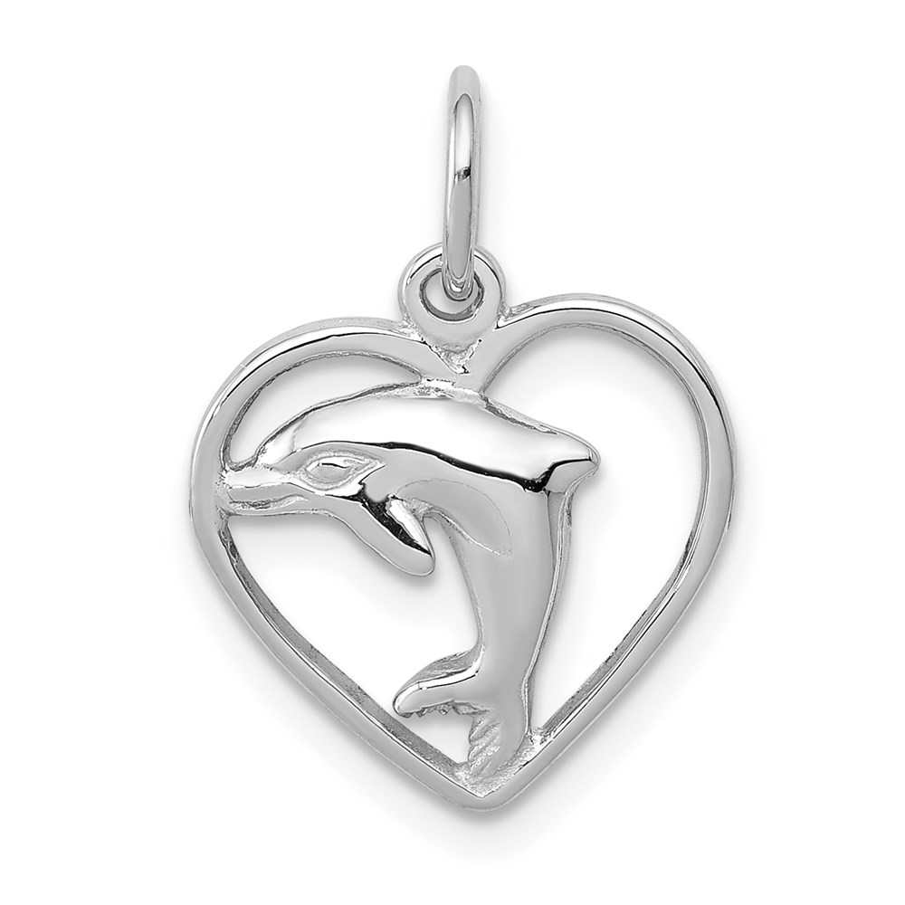 14k White Gold 13mm Dolphin and Heart Charm