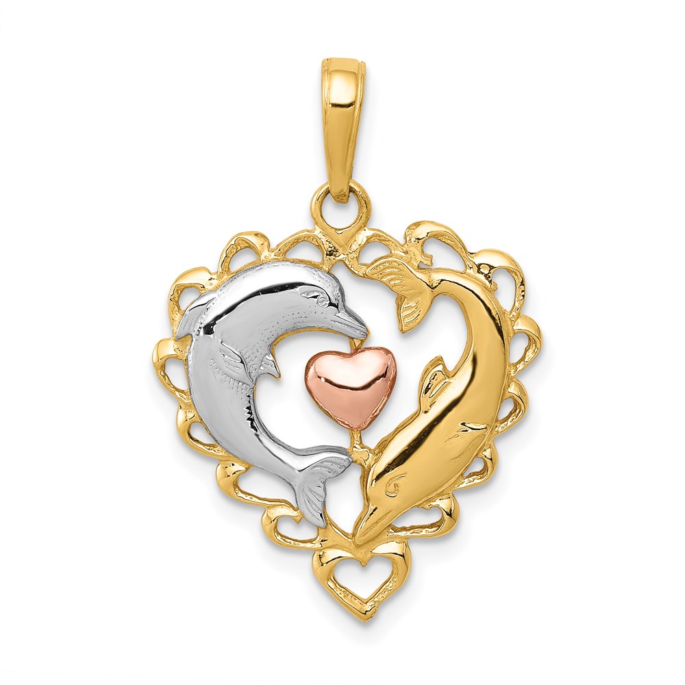 14k Yellow & Rose Gold with White Rhodium Double Dolphin Heart Pendant