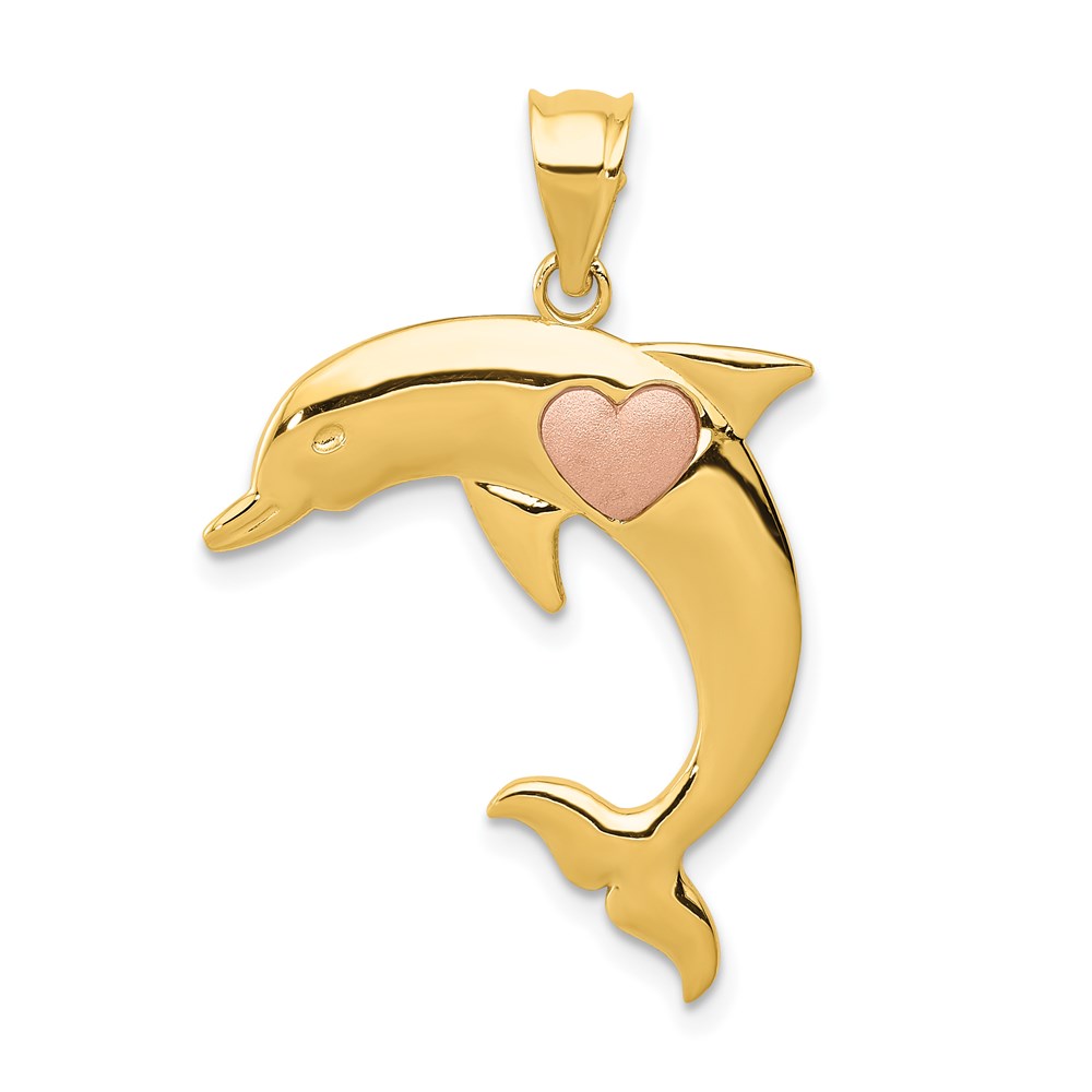 14k Yellow and Rose Gold, Two Tone Dolphin with Heart Pendant