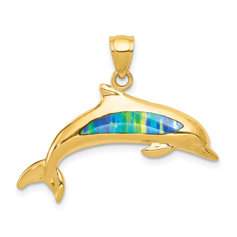 14k Yellow Gold & Imitation Opal Dolphin Pendant