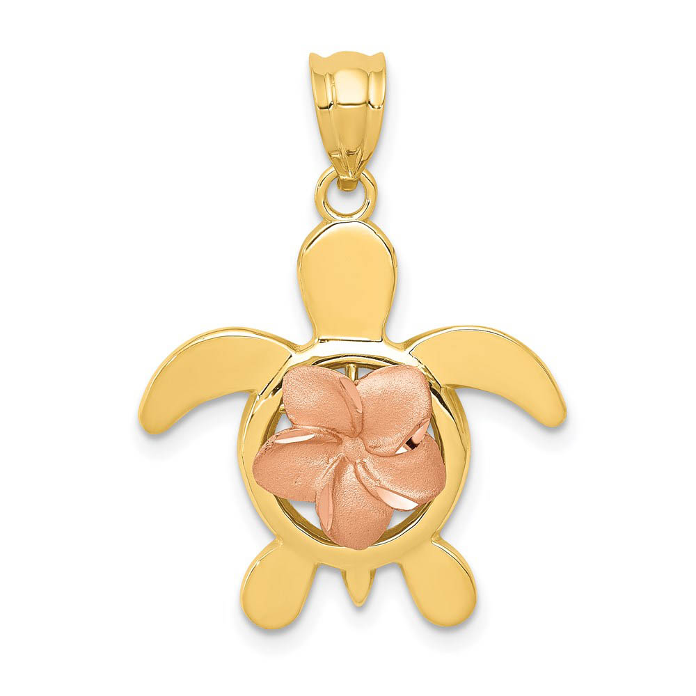 14k Yellow and Rose Gold, Two Tone Plumeria Turtle Pendant