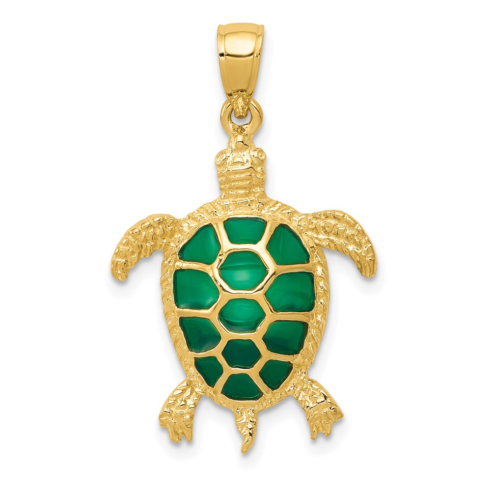 14k Yellow Gold Green Translucent Acrylic Sea Turtle Pendant