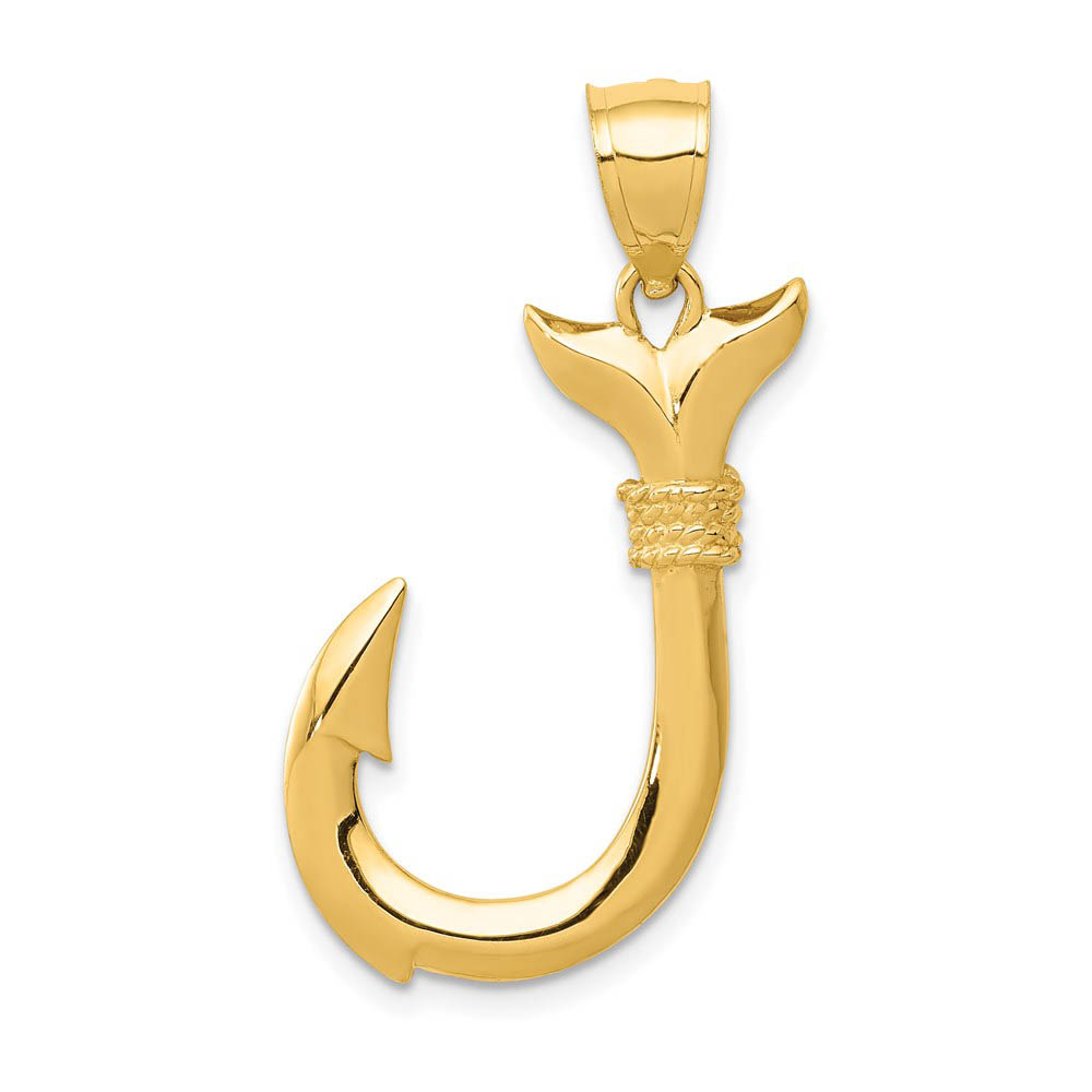 14k Yellow Gold 3D Whale Tail Fish Hook Pendant