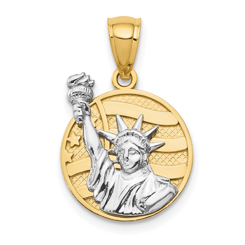 14k Two Tone Gold Lady Liberty American Flag Disc Pendant