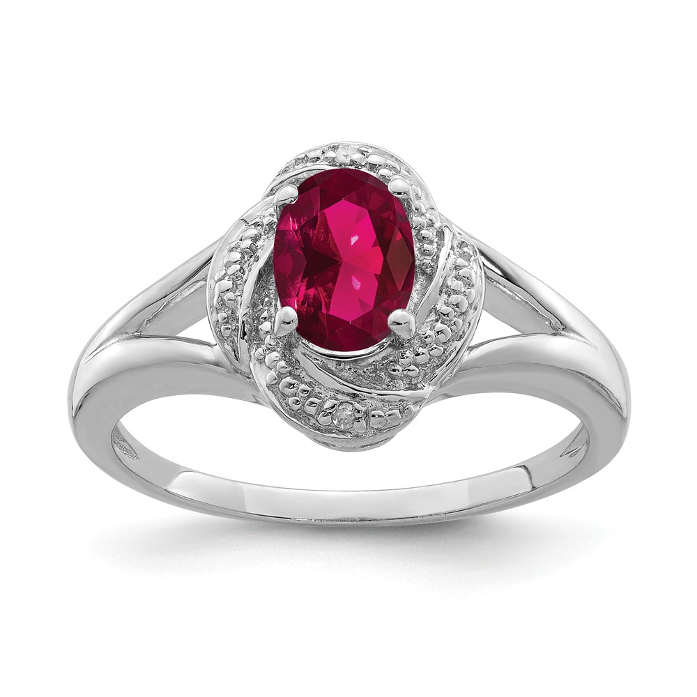 Sterling Silver .01 Ctw (H-I, I2-I3) Diamond & Oval Created Ruby Ring