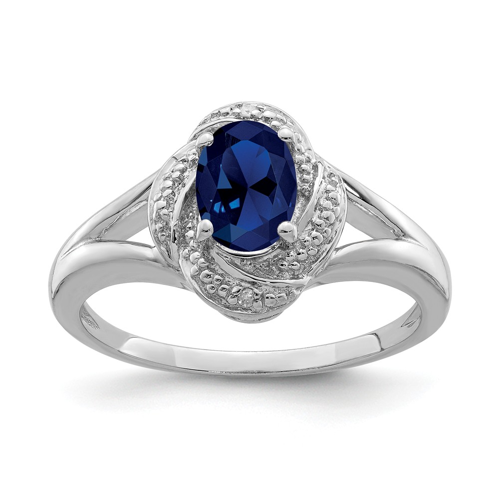 Sterling Silver .01 Ctw Diamond & Oval Created Sapphire Ring