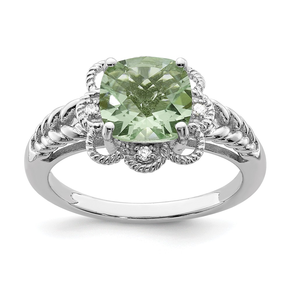 Green Quartz & .04 Ctw Diamond Scalloped Sterling Silver Ring