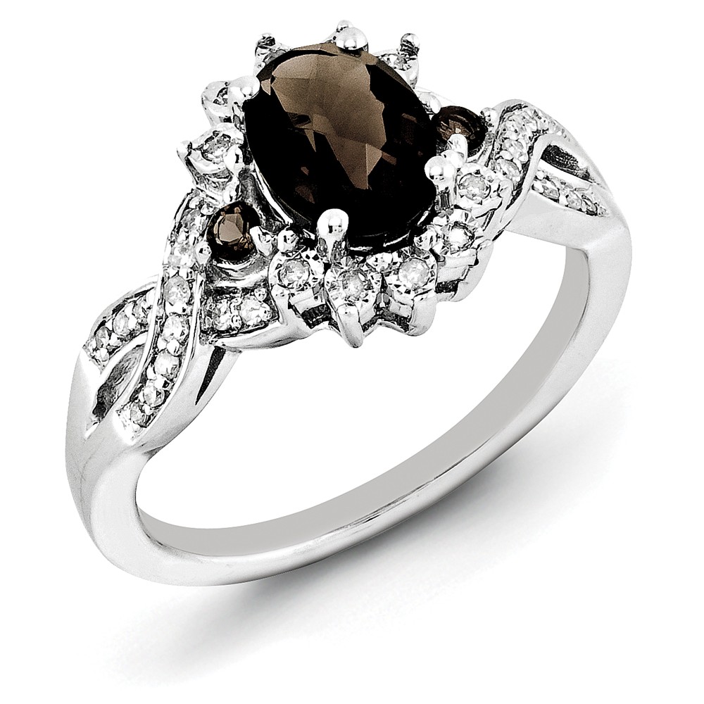 Oval Smoky Quartz & .15 Ctw Diamond Halo Sterling Silver Ring