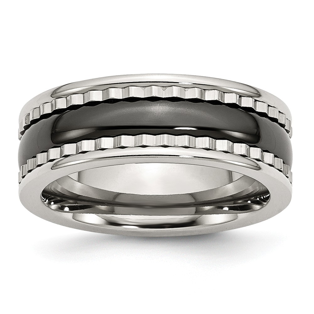 8mm Sawtooth Accent Stainless Steel and Black Ceramic Band