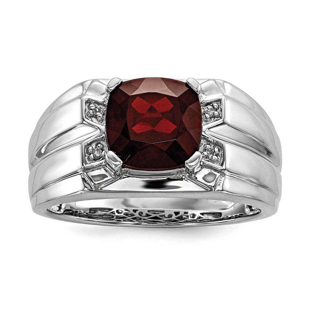 Cushion Cut Garnet &amp; Diamond Tapered Ring in Sterling Silver Size 10