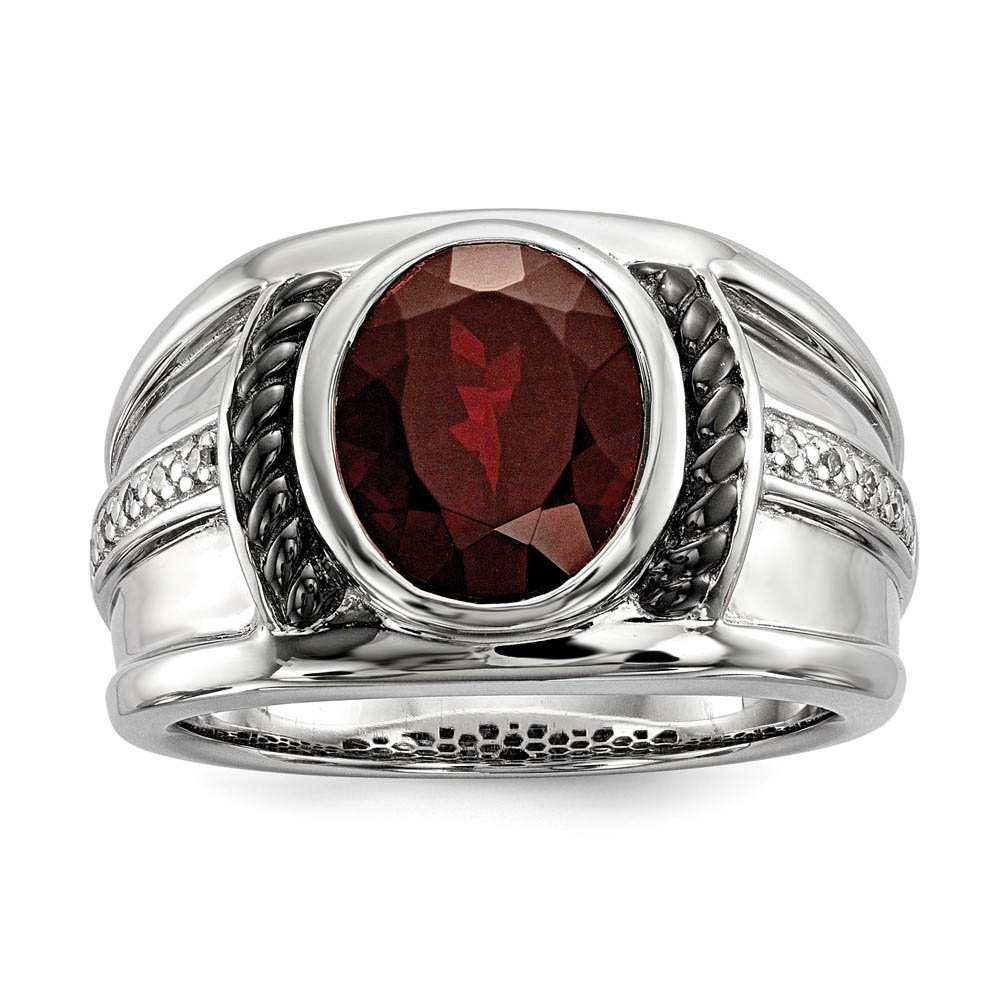 Mens Two Tone Sterling Silver, Oval Garnet & Diamond Wide Tapered Ring
