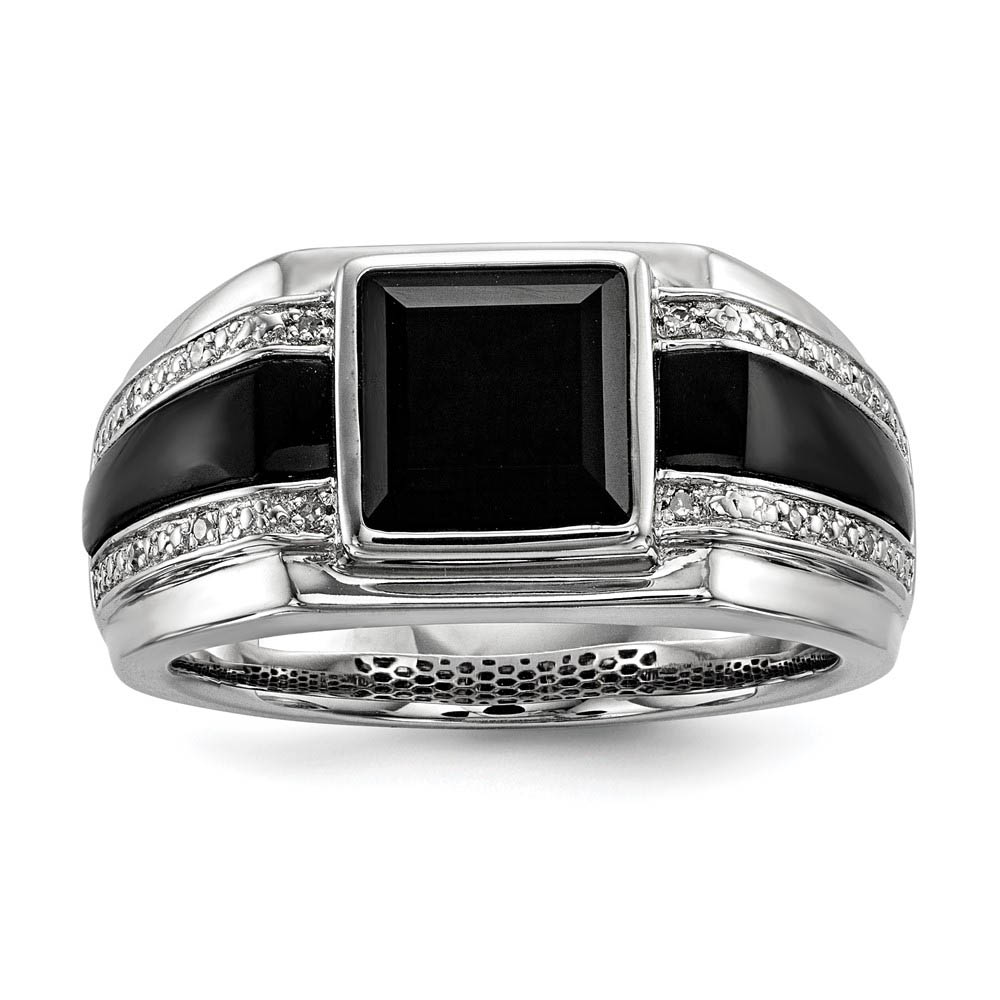 Mens White Diamond & Black Onyx 11.5mm Tapered Band in Sterling Silver