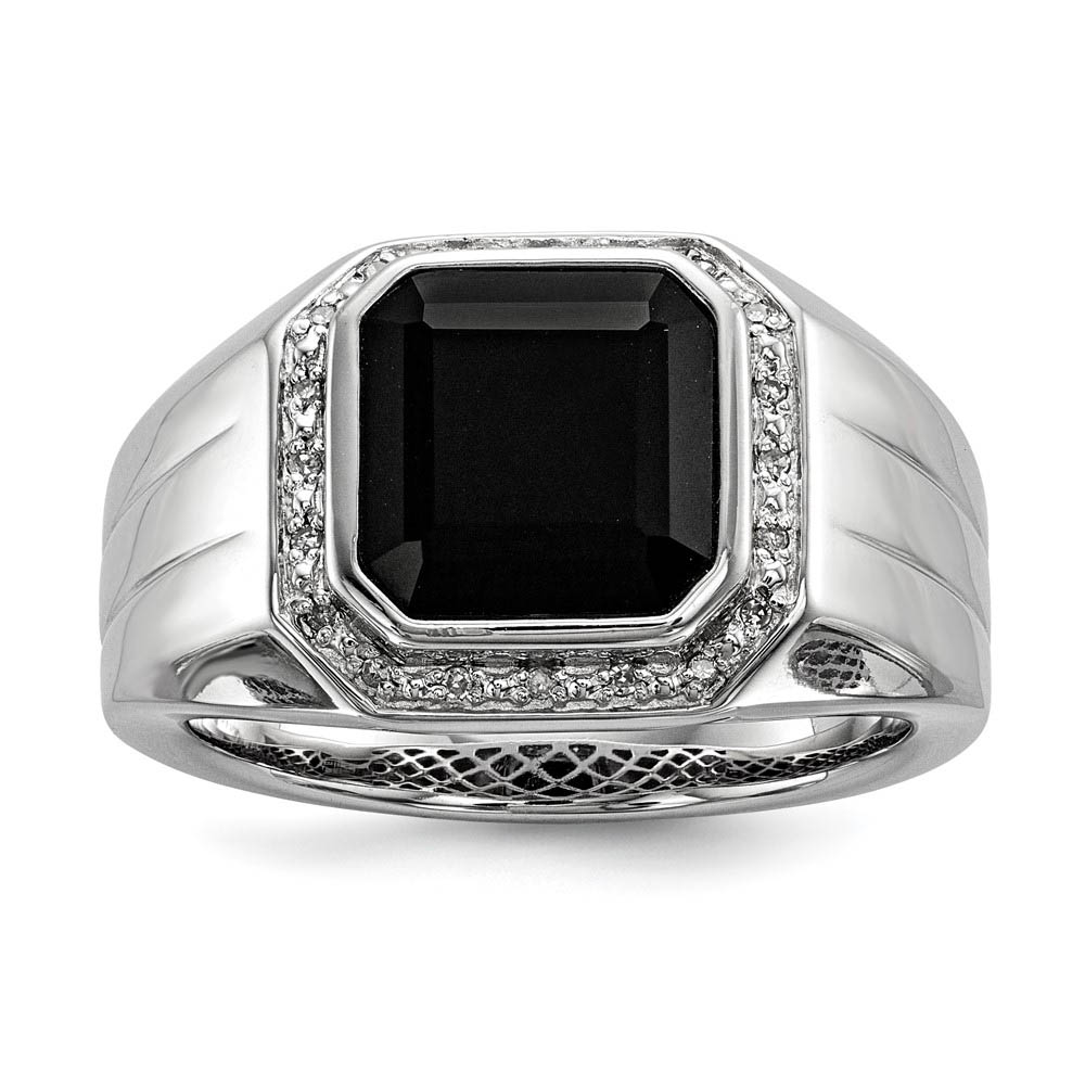 Diamond &amp; Black Onyx Octagon 16mm Tapered Ring in Sterling Silver